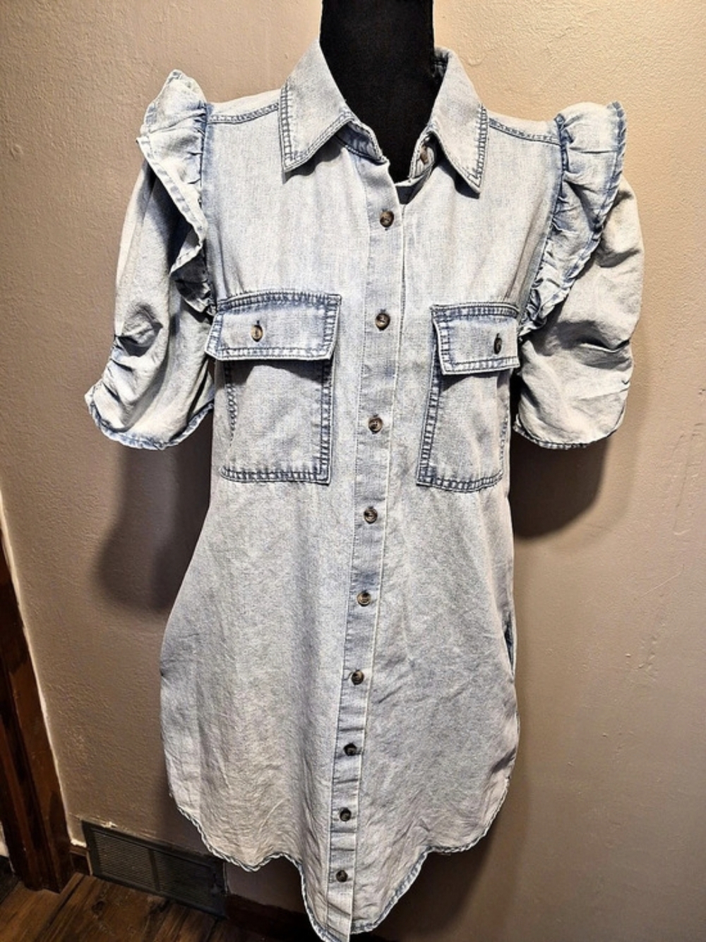 New'm Denim Ruffle Sleeve Mini Shirt Dress Size Small NWT